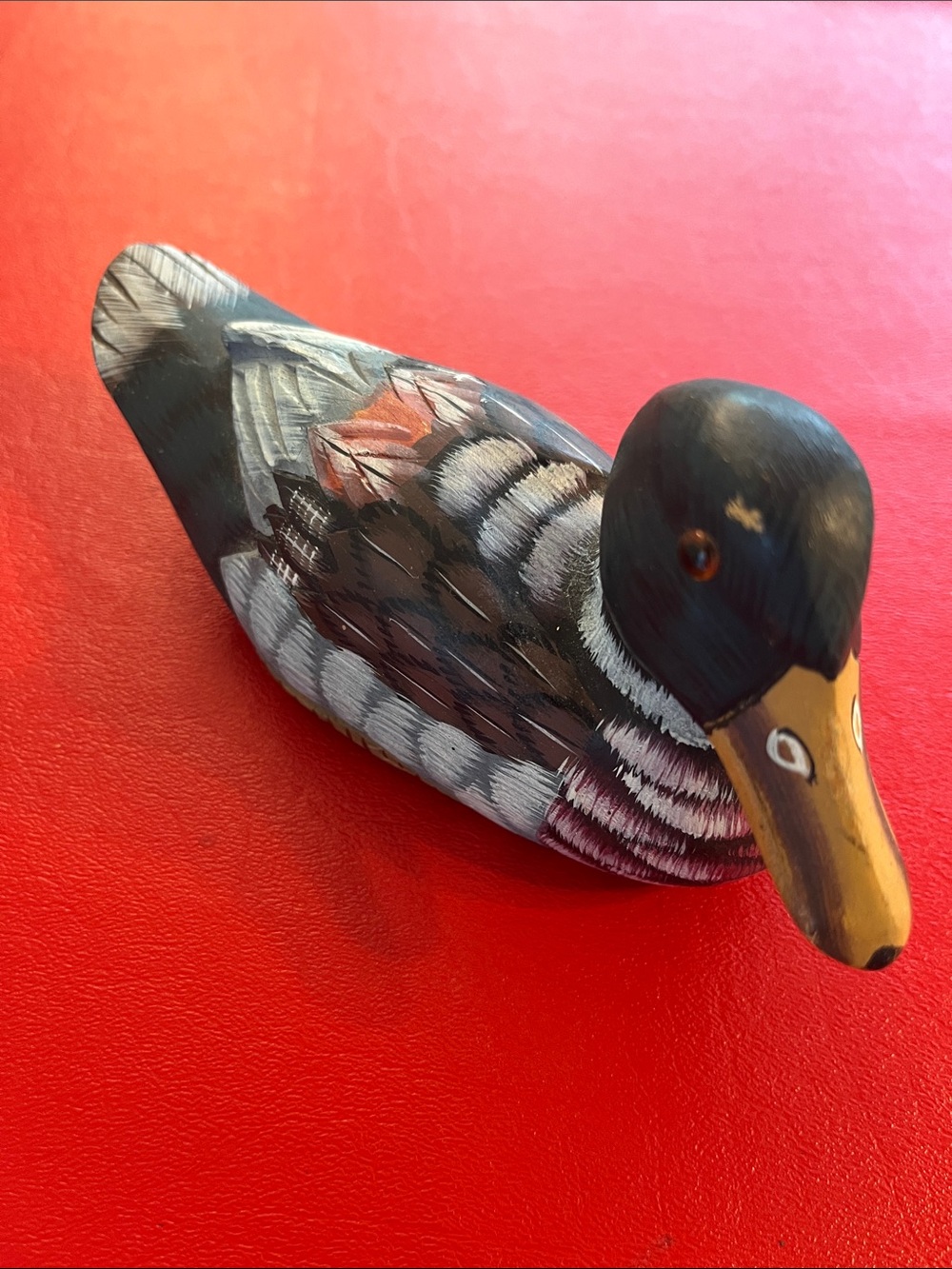 Hand-Painted Wooden Duck Figurine in Black, Gray & Brown 6.5”L 2.5”W3”H